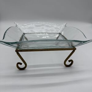 Vintage Square Deep Glass Candle Holder Potpourri With Metal Base Serving Dish